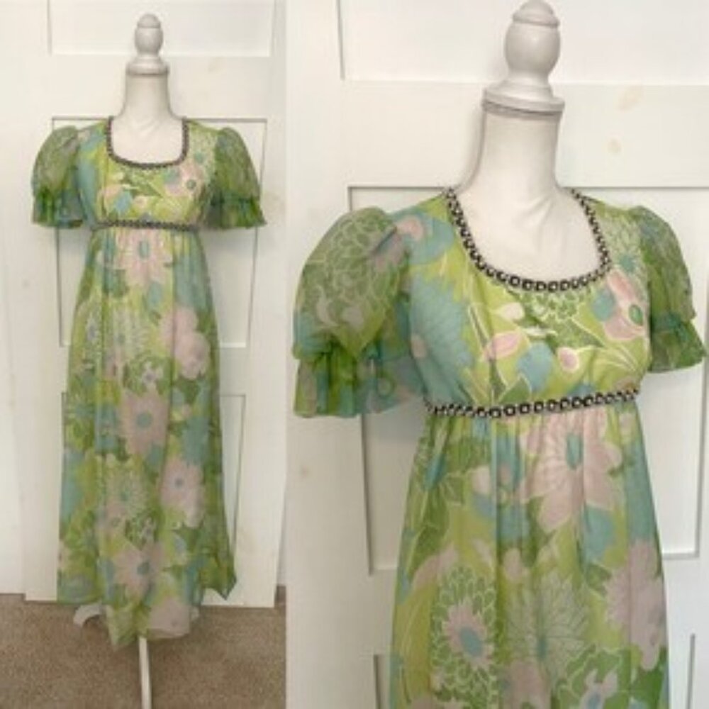 SOLD! Watercolor Bridgerton Inspired Empire Waist 1970s Wedding Guest Gown